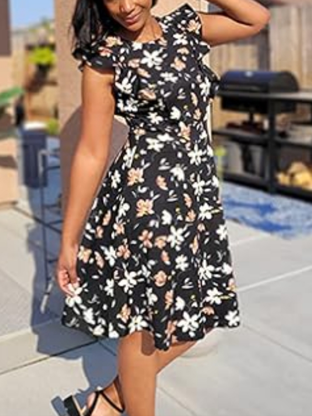 black iHot floral print ruffle flutter sleeve fit and flare dress NWT